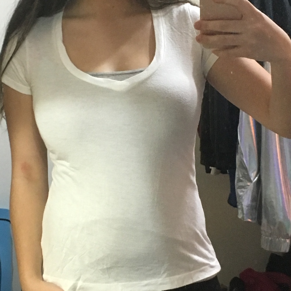 White sheer v neck tee